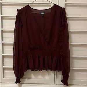 Express wrap front long sleeve ruffle blouse
